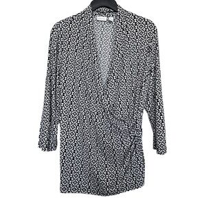 Chico’s Sz 2(L) Black White Faux Wrap Slinky Knit Top Geometric Print